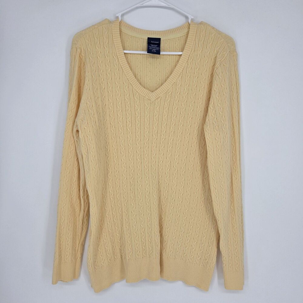 Basic Editions Sweater Womens XL Yellow Cable Knit V-Neck Pullover Long Sleeve